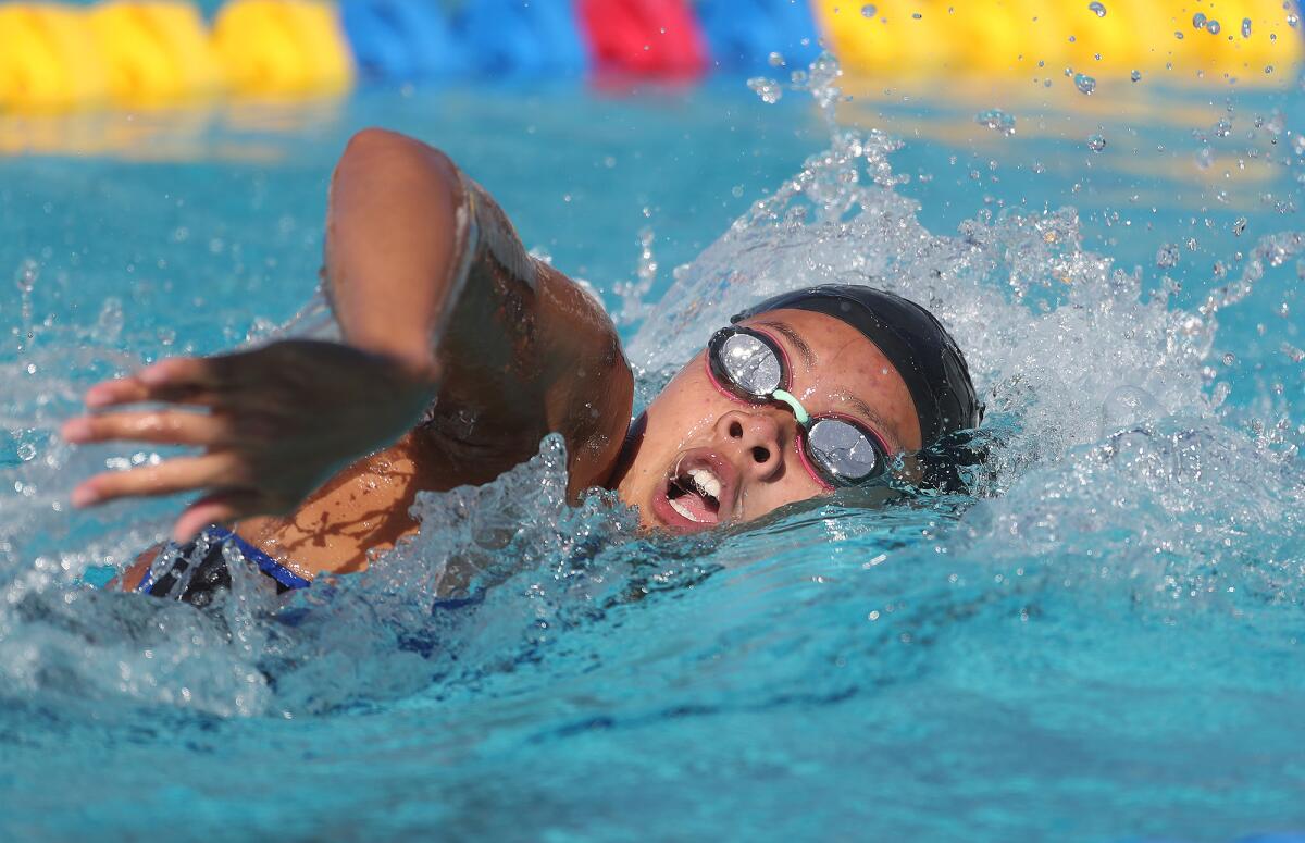 Fountain Valley's Kaitlyn Nguyen swims the freestyle of the girls' 200-yard IM in the Division 1 championships Friday.