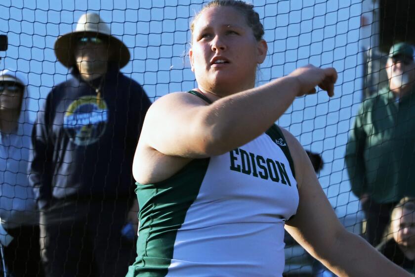 Edison's Alexa Sheldon competes in the discus throw during the Track and Field Arcadia Invitational.