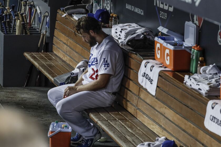 LOS ANGELES, CA, WEDNESDAY 9, 2019 - Los Angeles Dodgers relief pitcher Clayton Kershaw (22) leaves the game.