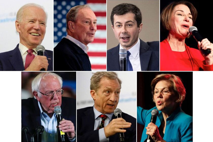 Clockwise from top left are Democratic presidential candidates Joe Biden, Michael R. Bloomberg, Pete Buttigieg, Amy Klobuchar, Elizabeth Warren, Tom Steyer and Bernie Sanders.