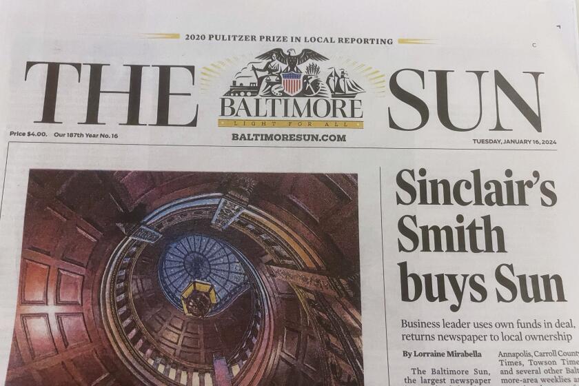 The Baltimore Sun front page is seen, Tuesday, Jan. 16, 2024, in Baltimore. David D. Smith, executive chairman of the Sinclair broadcasting chain and an active contributor to conservative causes, has bought Baltimore Sun Media from the investment firm Alden Global Capital. The purchase price was not disclosed. (AP Photo/Lea Skene)