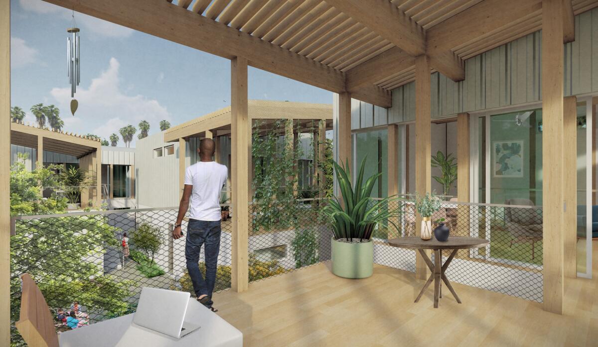 A rendering shows a man standing on a private apartment terrace that overlooks a common outdoor space