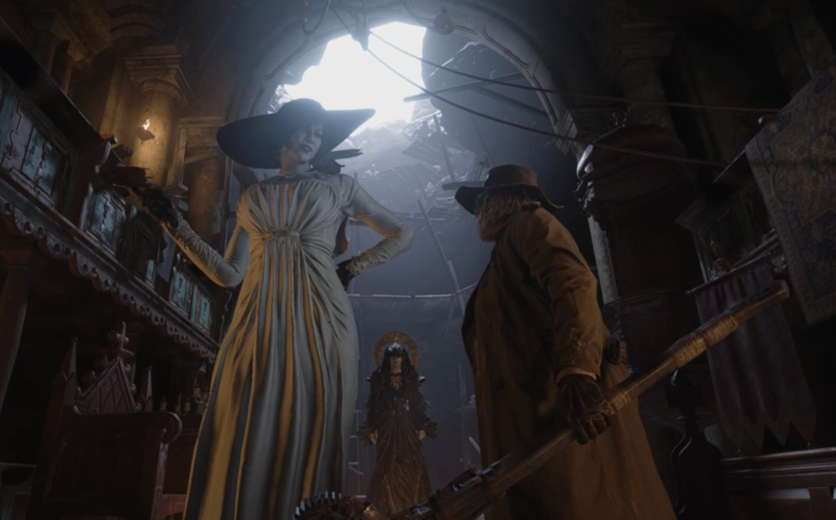 Lady Dimitrescu and fellow “Resident Evil Village” antagonists stand in front of Ethan Winters. (Gameplay screenshot, Capcom)
