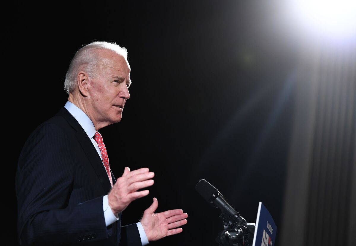 Former U.S. Vice President and Democratic presidential hopeful Joe Biden speaks about the coronavirus during a press event in Wilmington, Del., on March 12.