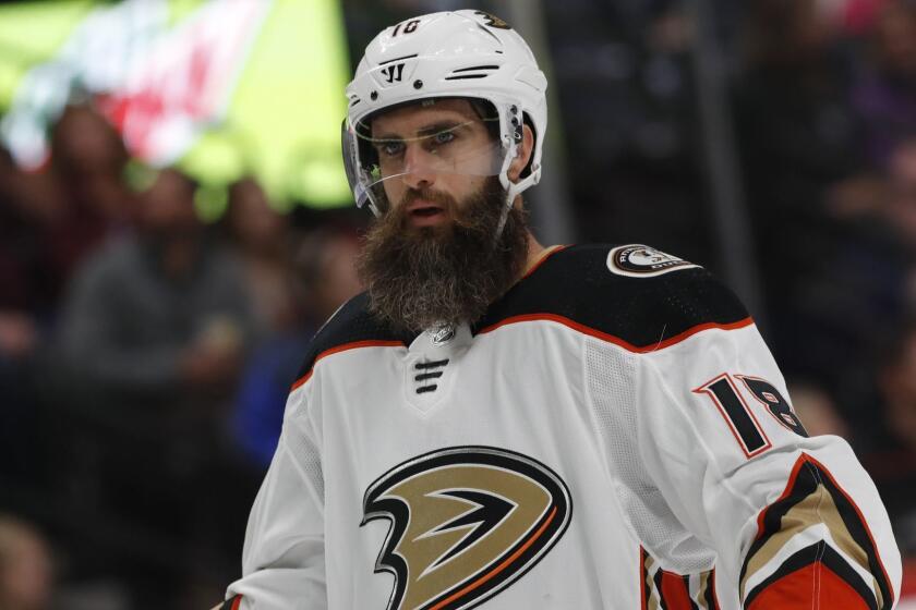 Anaheim Ducks right wing Patrick Eaves (18) in the first period of a hockey game Friday, Oct. 13, 2017, in Denver. (AP Photo/David Zalubowski)