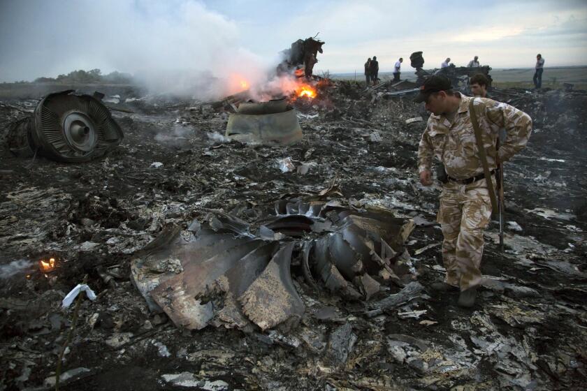 Pro-Russia separatists near the eastern Ukraine village of Grabovo look through the wreckage of Malaysia Airlines Flight 17 shortly after the Boeing 777 was downed en route from Amsterdam to Kuala Lumpur on July 17, 2014.