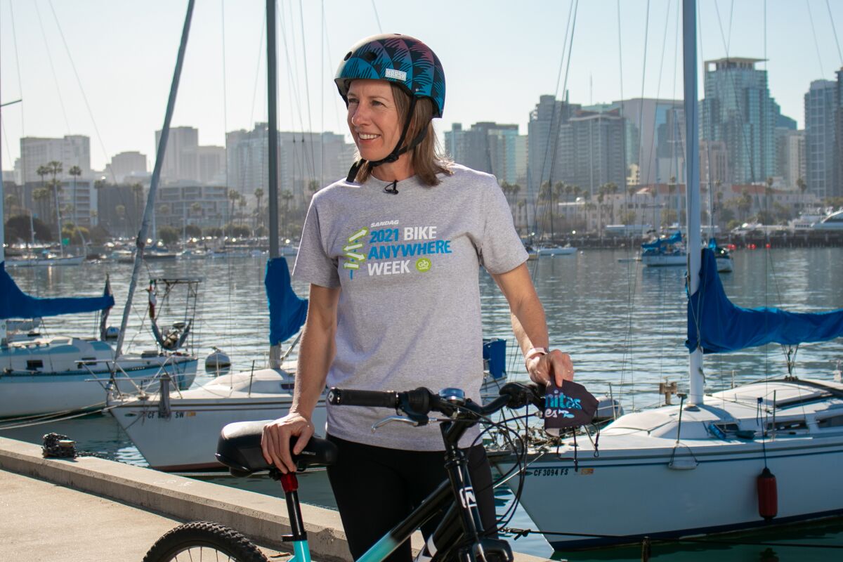 Catherine Blakespear, chairwoman of SANDAG and mayor of Encinitas, gets geared up for Bike Anywhere Week May 16-22.