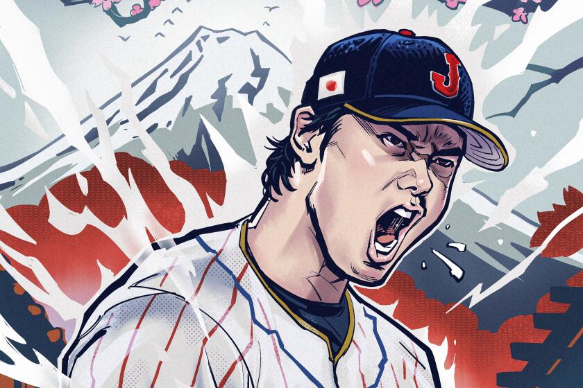 Illustration of Shohei Ohtani in a Japan uniform in front of a backdrop of mountains and cherry blossoms