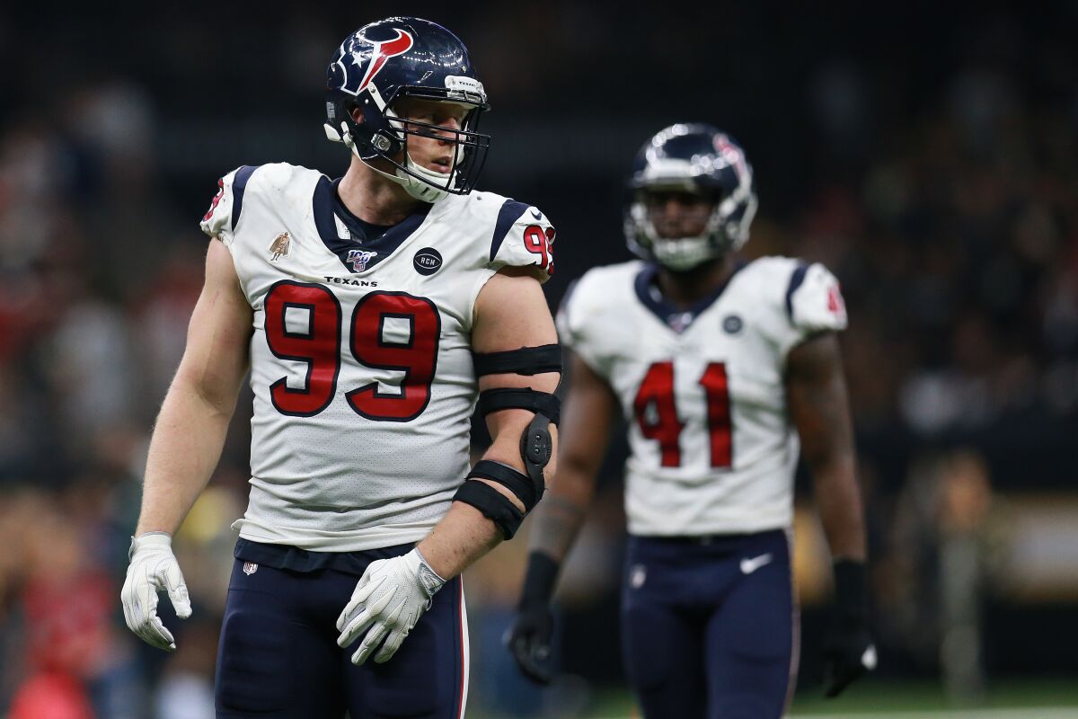 Houston Texans defensive end J.J. Watt looks on during a game against the New Orleans Saints on Sept. 9.