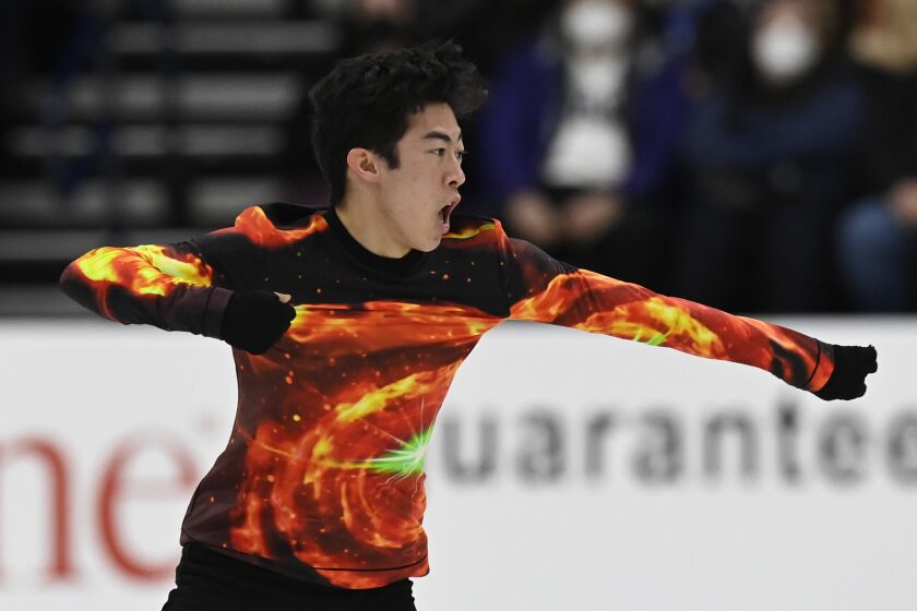 Nathan Chen competes in the men's free skate program during the U.S. Figure Skating Championships.