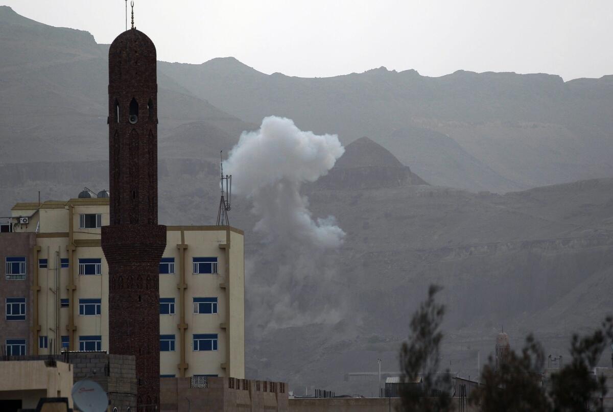 Smoke rises from the Faj Attan Hill area in the Yemeni capital of Sana on April 7, following an apparent airstrike by a Saudi-led military coalition.