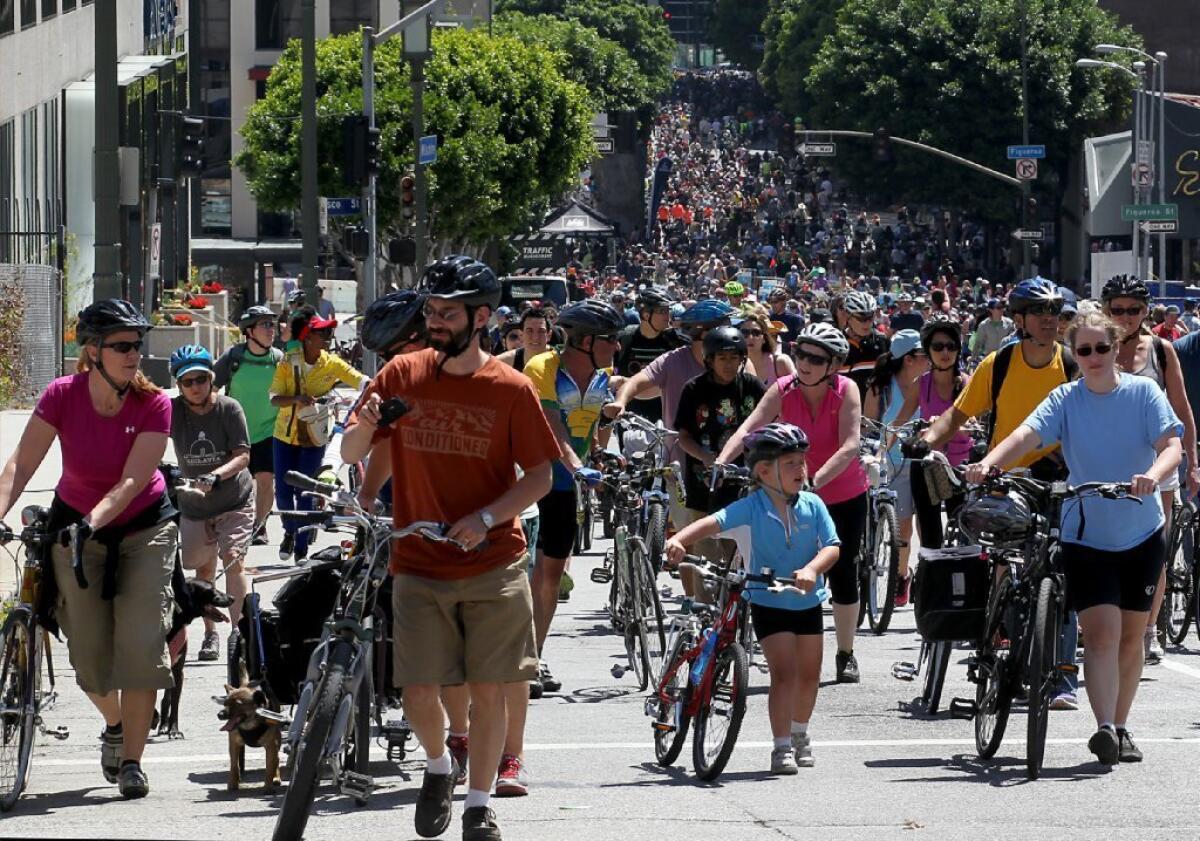 Thousands of Angelenos participated in the CicLAvia bike festival in April.