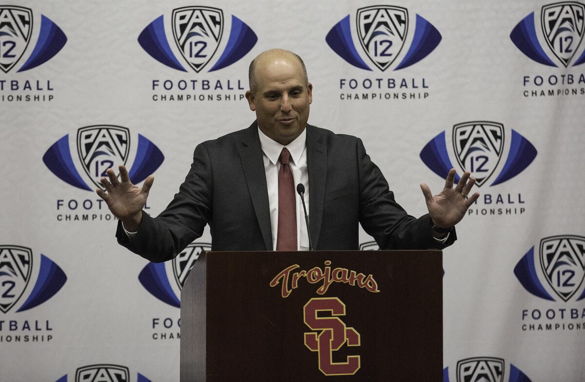 Clay Helton speaks Monday after being introduced as the head football coach at USC.