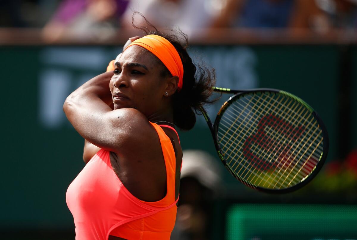 Serena Williams defeated Sloane Stephens in a fourth-round match at the BNP Paribas Open, 6-7 (3), 6-2, 6-2.