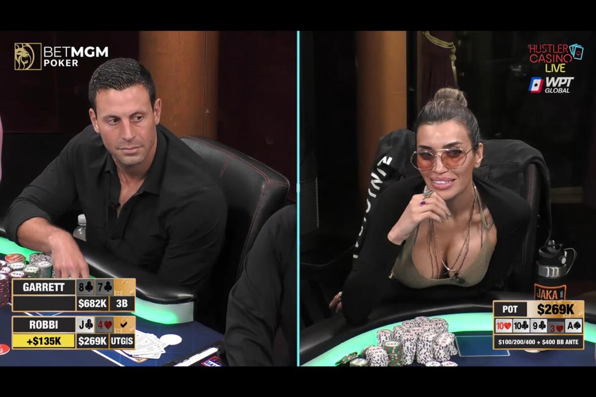 A split screen shows a man on the left and a woman playing poker.