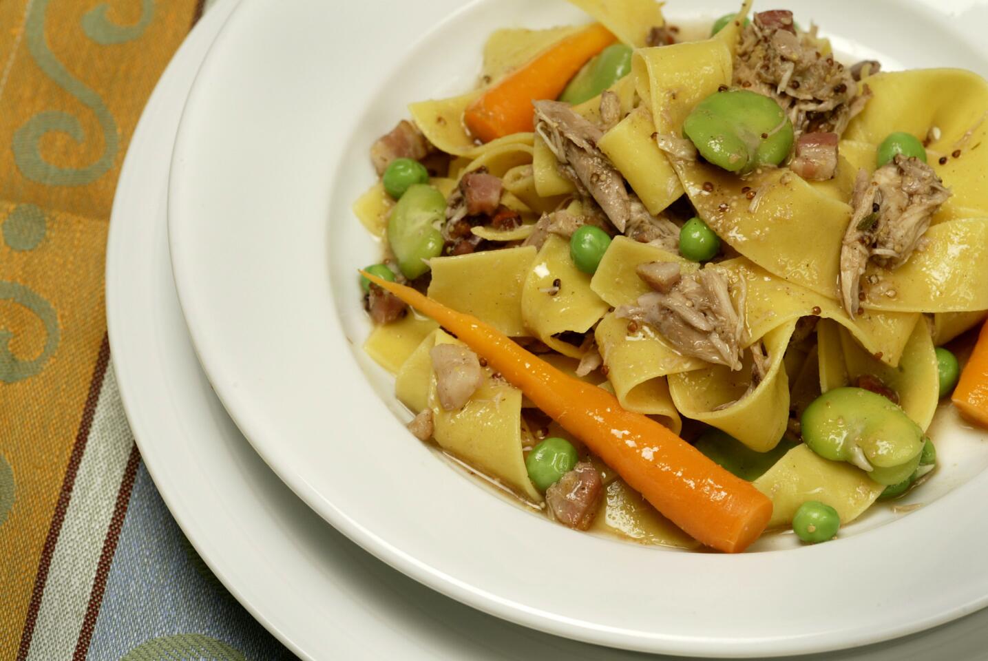 Braised rabbit pappardelle with spring vegetables