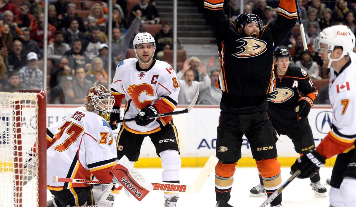 Patrick Maroon and the Ducks could be closer to celebrating playoff wins if Flames defenseman Mark Giordano (5) is unavailable for the series.