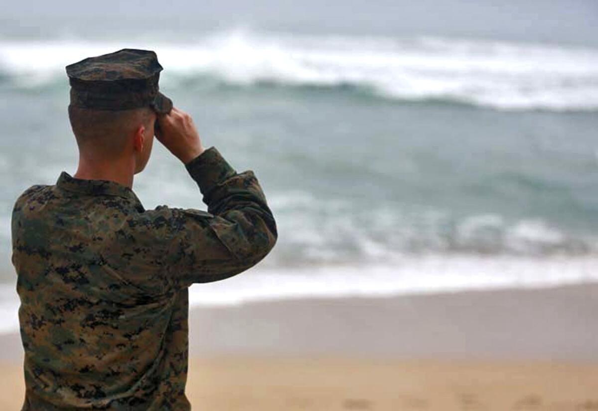 A Marine officer uses binoculars to search for debris at Haliewa Beach Park, Hawaii.