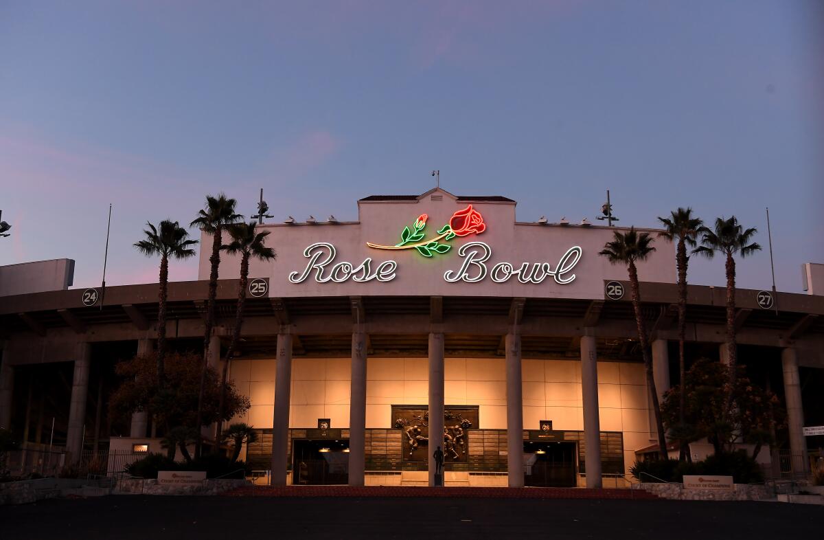 The main gate of the Rose Bowl at dusk