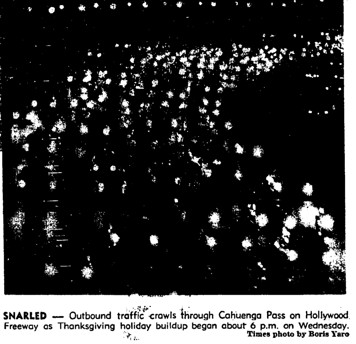 Thanksgiving traffic on the 101 Freeway in the 1960s, from Los Angeles Times archives.