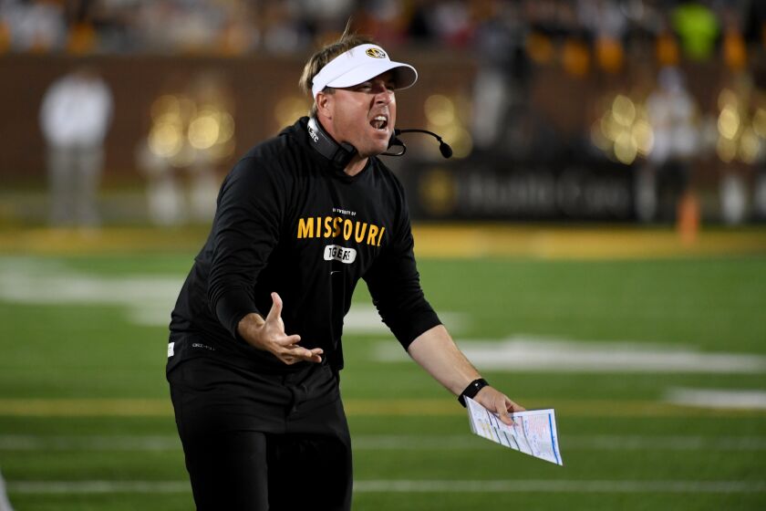 Missouri head coach Eliah Drinkwitz yells on the sideline during the second half of an NCAA college football game against Georgia Saturday, Oct. 1, 2022, in Columbia, Mo. (AP Photo/L.G. Patterson)