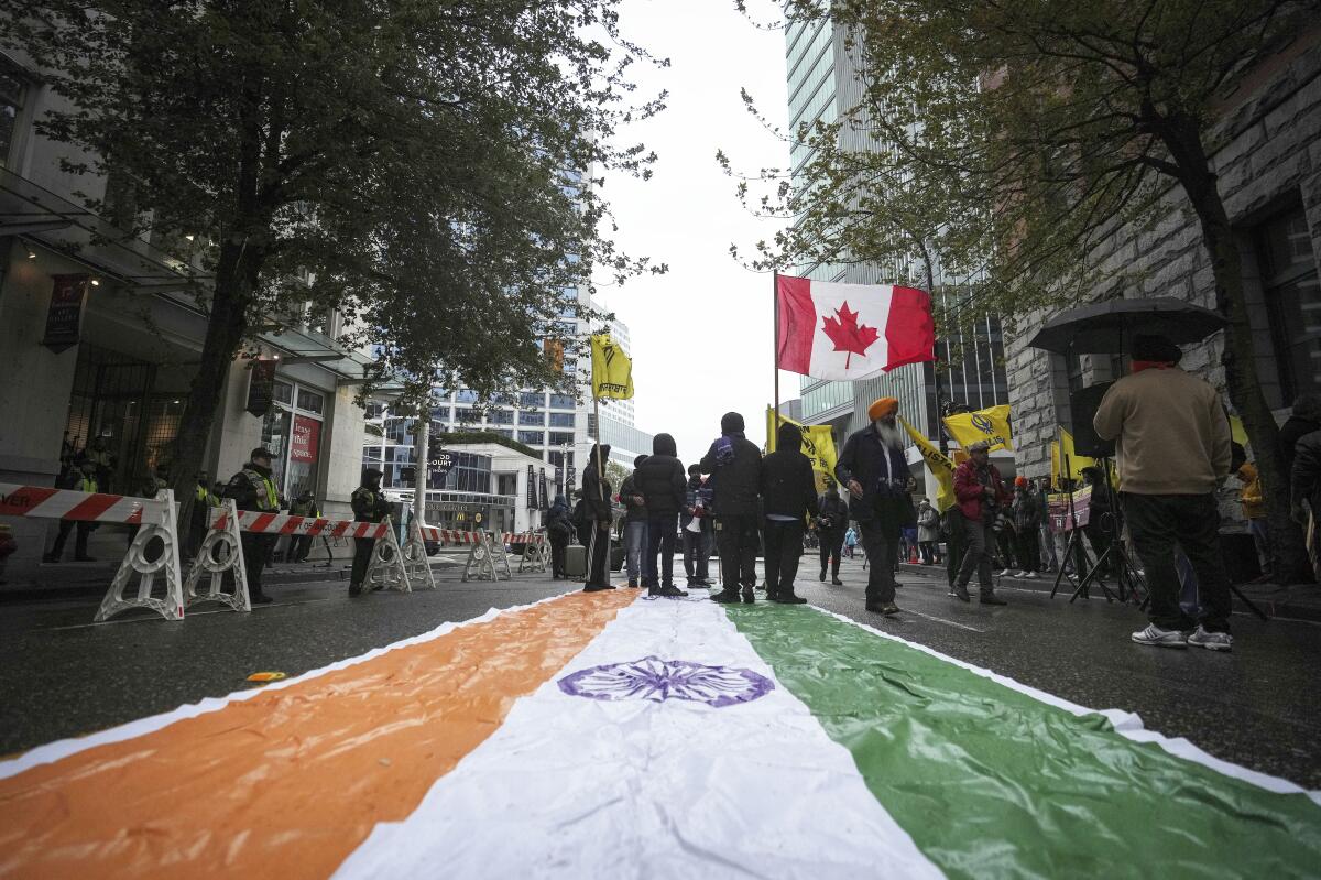 Indian flag laid out on the street outside the Indian Consulate in Vancouver, Canada