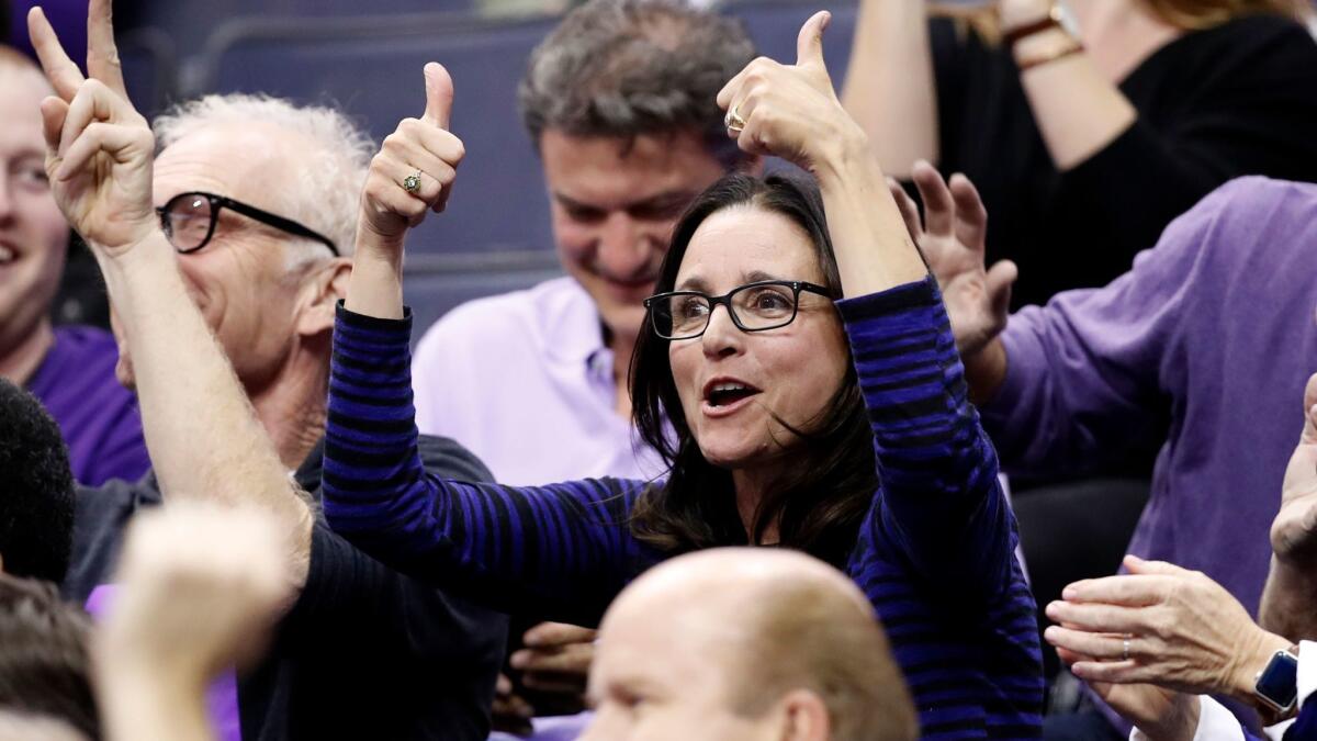 Julia Louis-Dreyfus reacts as Northwestern plays Rutgers in the Big Ten tournament in Washington on March 9.