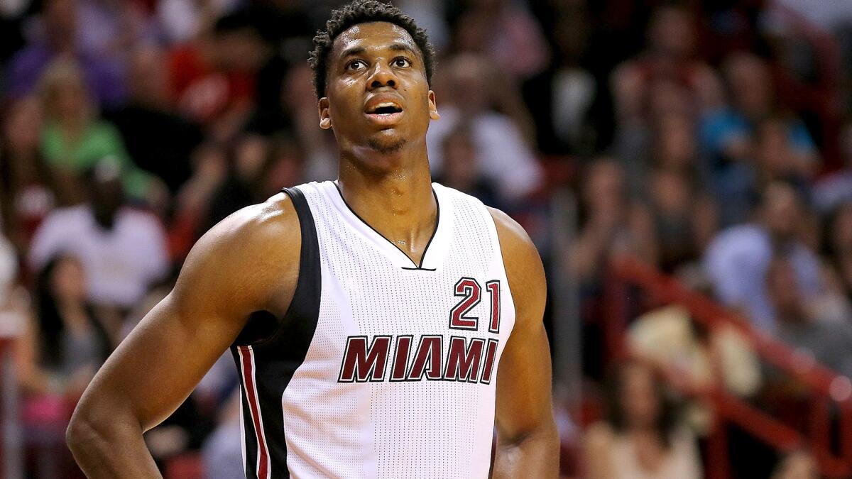 The Lakers will talk to Miami Heat center Hassan Whiteside, who led the league in blocked shots with an average of 3.68 a game last season.