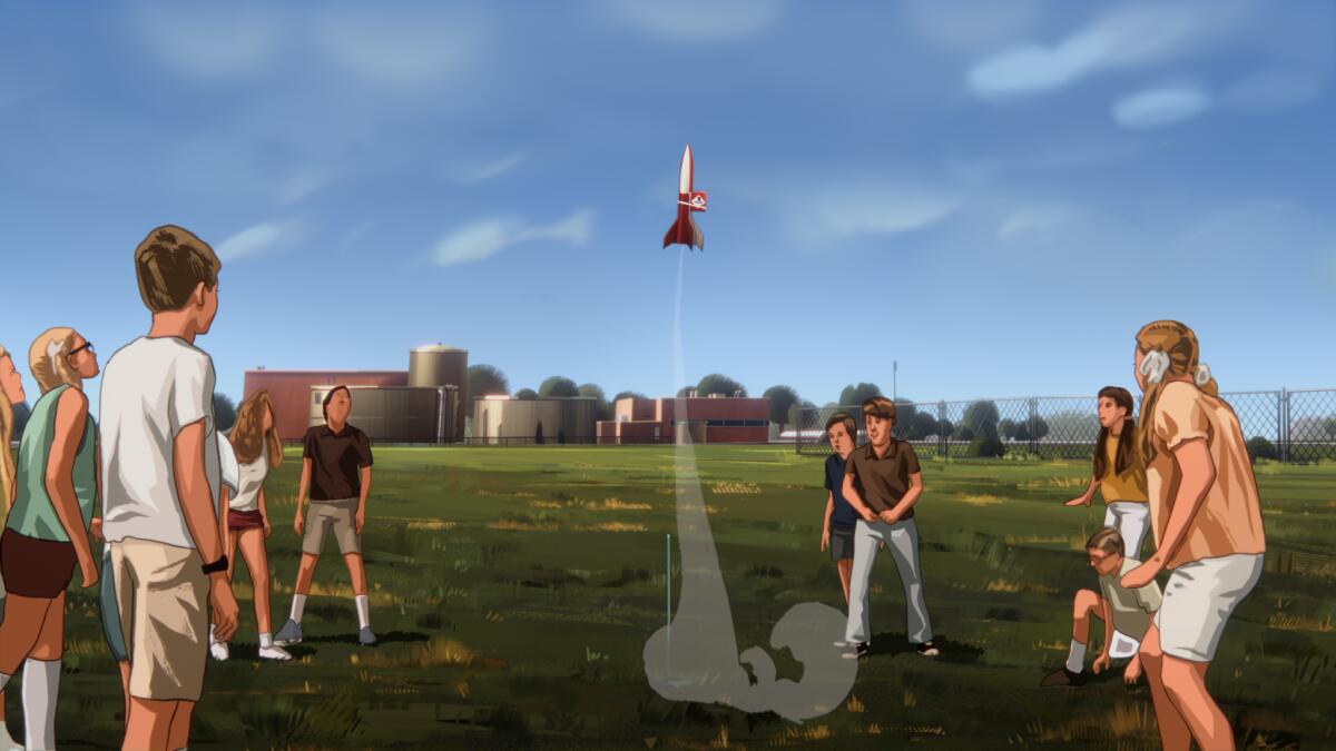 An animated image of schoolchildren standing around a toy rocket launching 
