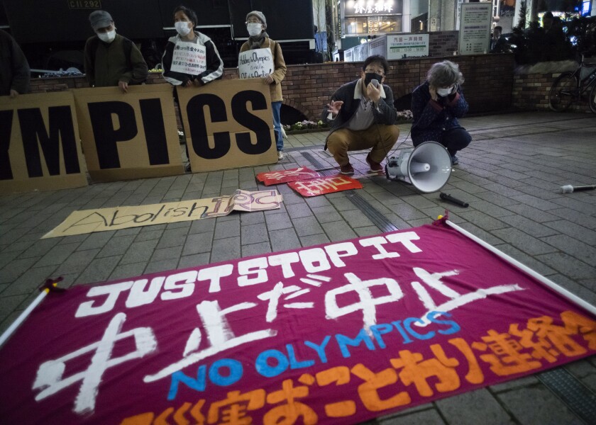 A "No Olympics" banner is placed by protesters in Tokyo during a demonstration against the Tokyo Olympics.