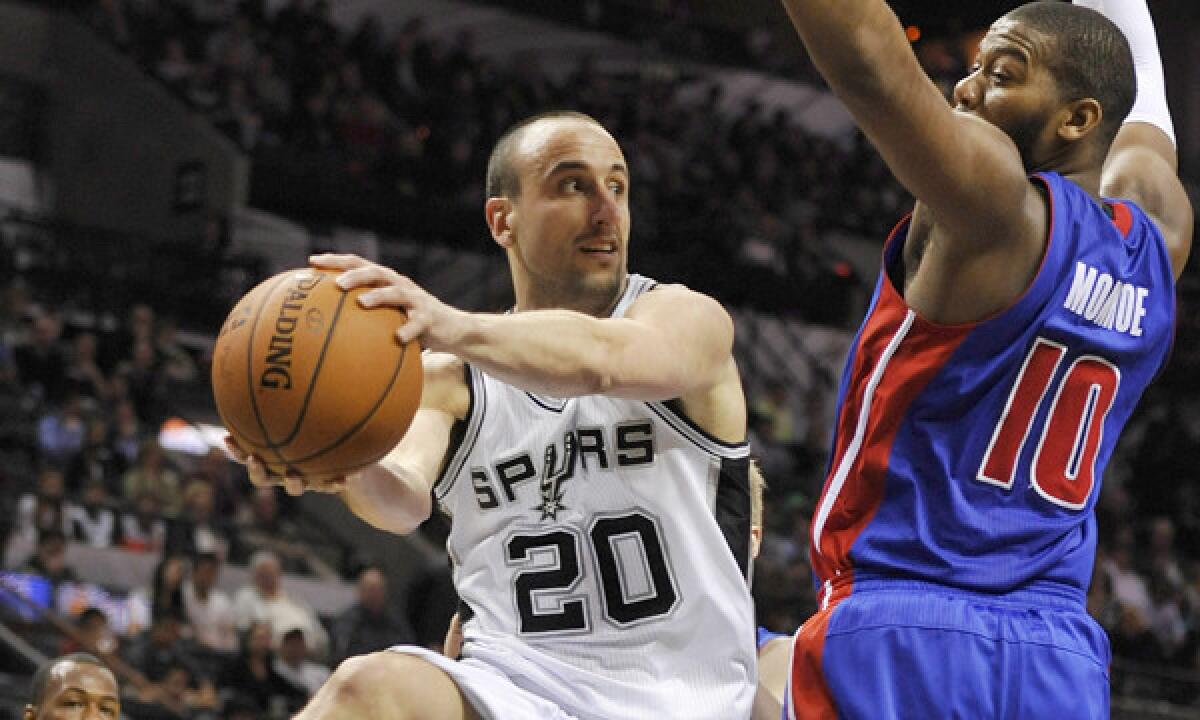 San Antonio Spurs guard Manu Ginobili puts up a shot during Wednesday's win over the Detroit Pistons.