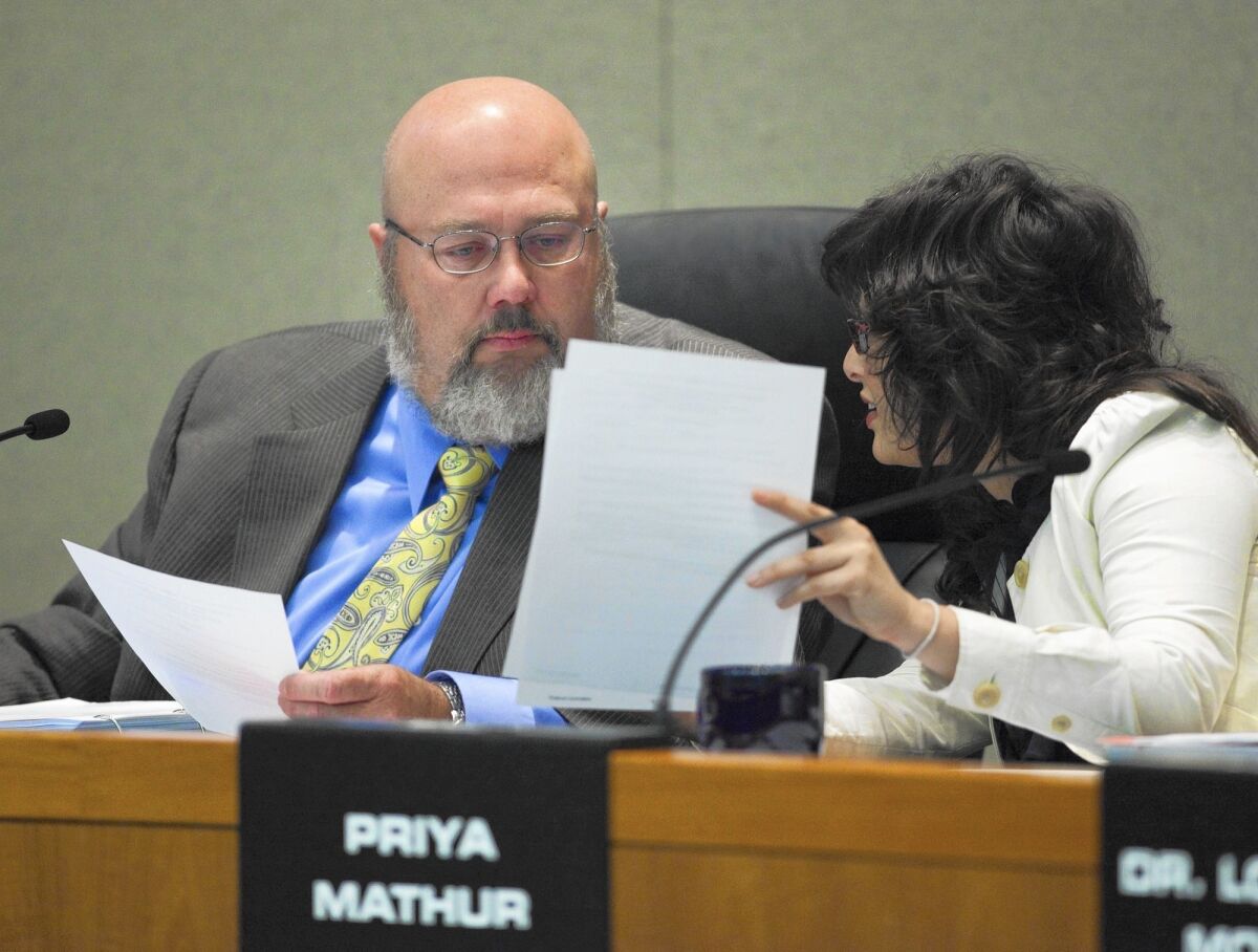 Rob Feckner, left, president of the CalPERS board of administration, presides over a 2009 meeting at CalPERS headquarters in Sacramento. Board member Priya Mathur is on his right.