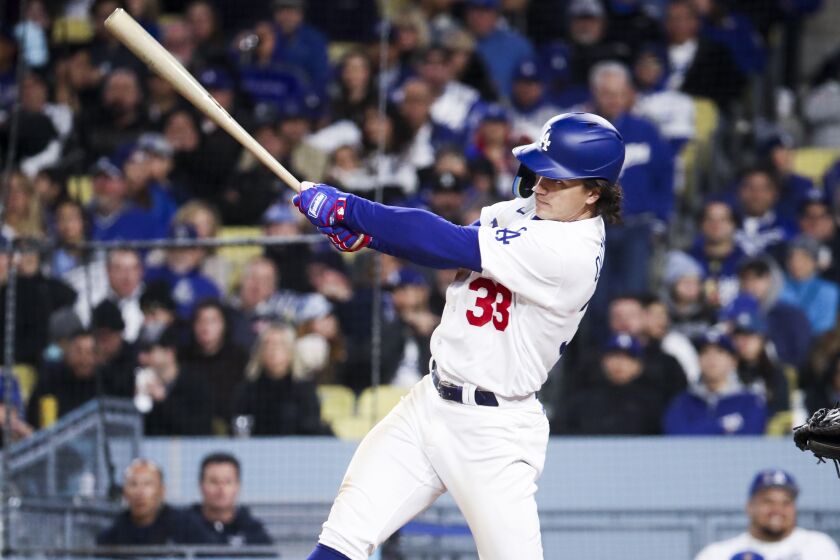LOS ANGELES, CA - MARCH 30: Los Angeles Dodgers' James Outman hits a two-run home run during the sixth inning.