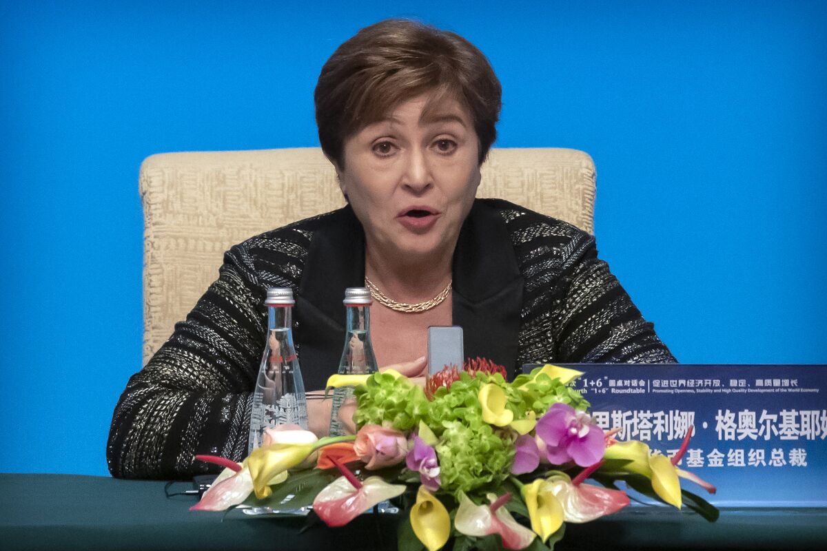 FILE - International Monetary Fund (IMF) Managing Director Kristalina Georgieva speaks during a news conference at the Diaoyutai State Guesthouse in Beijing, Thursday, Nov. 21, 2019. The embattled head of the International Monetary Fund, who successfully fought to keep her job following a data-manipulation scandal, is pledging renewed efforts to bolster data integrity while focusing on the main job of helping countries recover from a devastating global pandemic. Georgieva said Wednesday, Oct. 13, 2021 that she was glad the IMF’s 24-member executive board had expressed confidence in her ability to head up the 190-nation IMF. (AP Photo/Mark Schiefelbein, file)