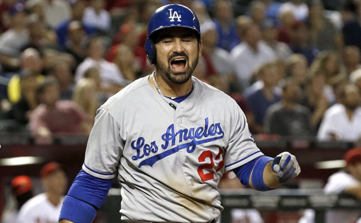 Dodgers first baseman Adrian Gonzalez yells as he flies out to center field during the eighth inning of the Dodgers' 2-1 loss to the Arizona Diamondbacks on Monday.