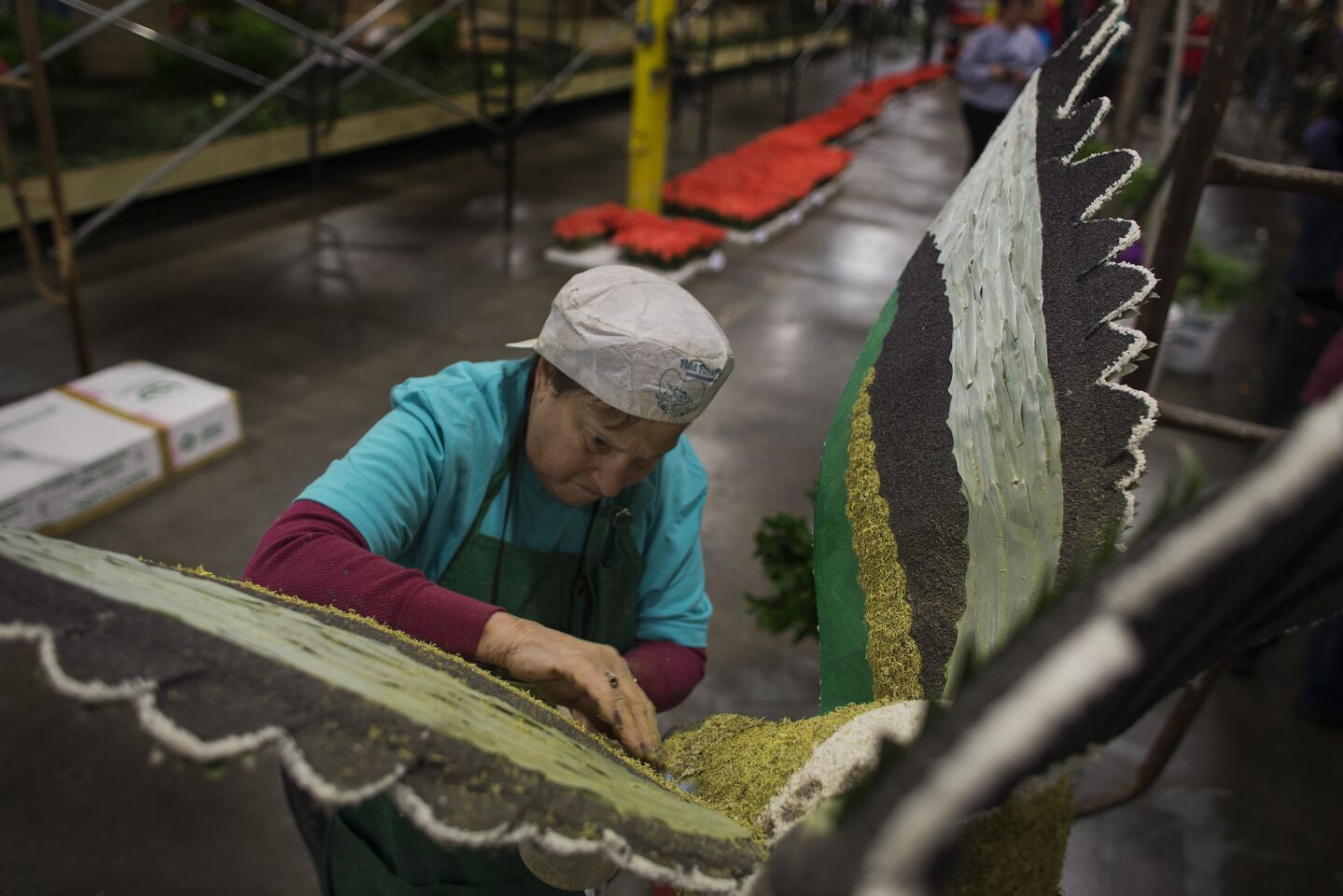 A float decorator for 30 years, Lorraine Matza of North Hollywood applies moss with glue to a hummingbird on the Kaiser float for the Rose Parade.