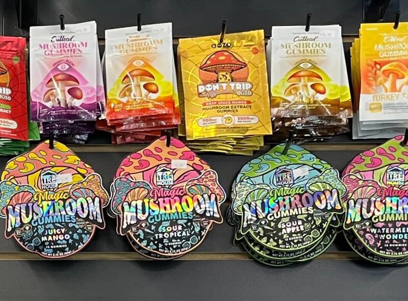 A wide array of mushroom products is available for purchase at a smoke shop in Long Beach.