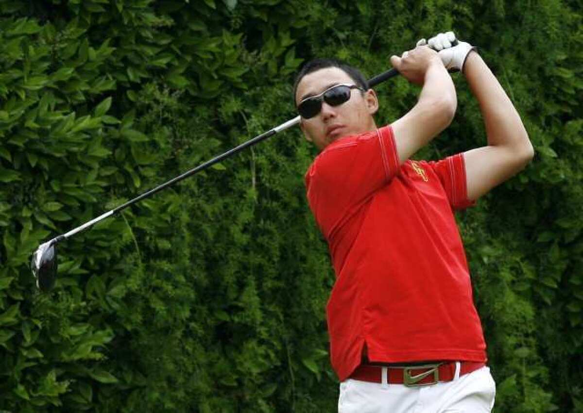 GCC's Jin Park hits off the 10th tee in a Western State Conference home golf match at Oakmont County Club in Glendale on Monday, April 15, 2013.