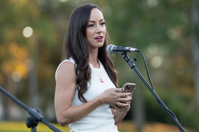 SIMI VALLEY, CA - SEPTEMBER 26: Jessica Tapia of "Our Watch," speaks at the California Policy Center and PERK (Protection of the Educational Rights of Kids) event, "A Line in the Sand - A Rally for Parental Rights" at Rancho Madera Communty Park in Simi Valley, CA on Tuesday, Sept. 26, 2023. (Myung J. Chun / Los Angeles Times)