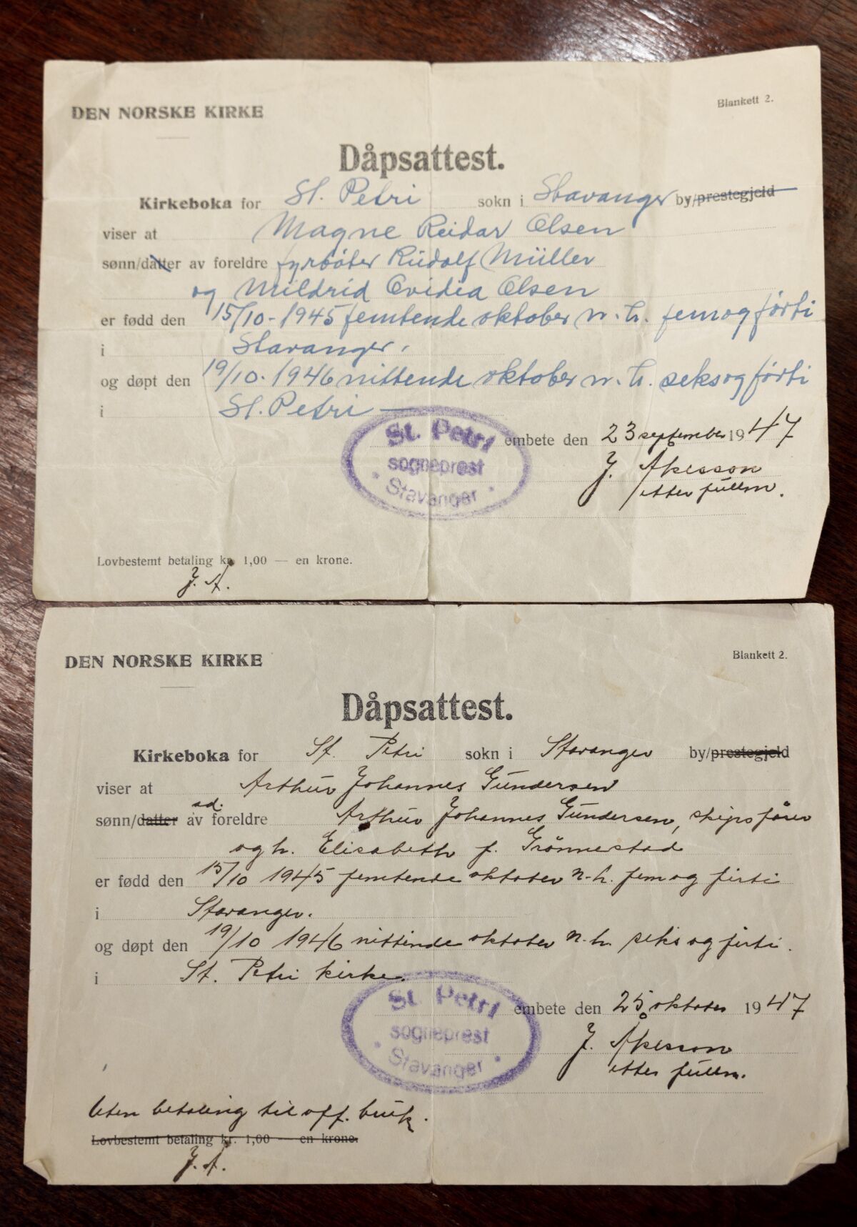 The two Norwegian birth certificates of Cardiff resident John Gundersen, 77.  