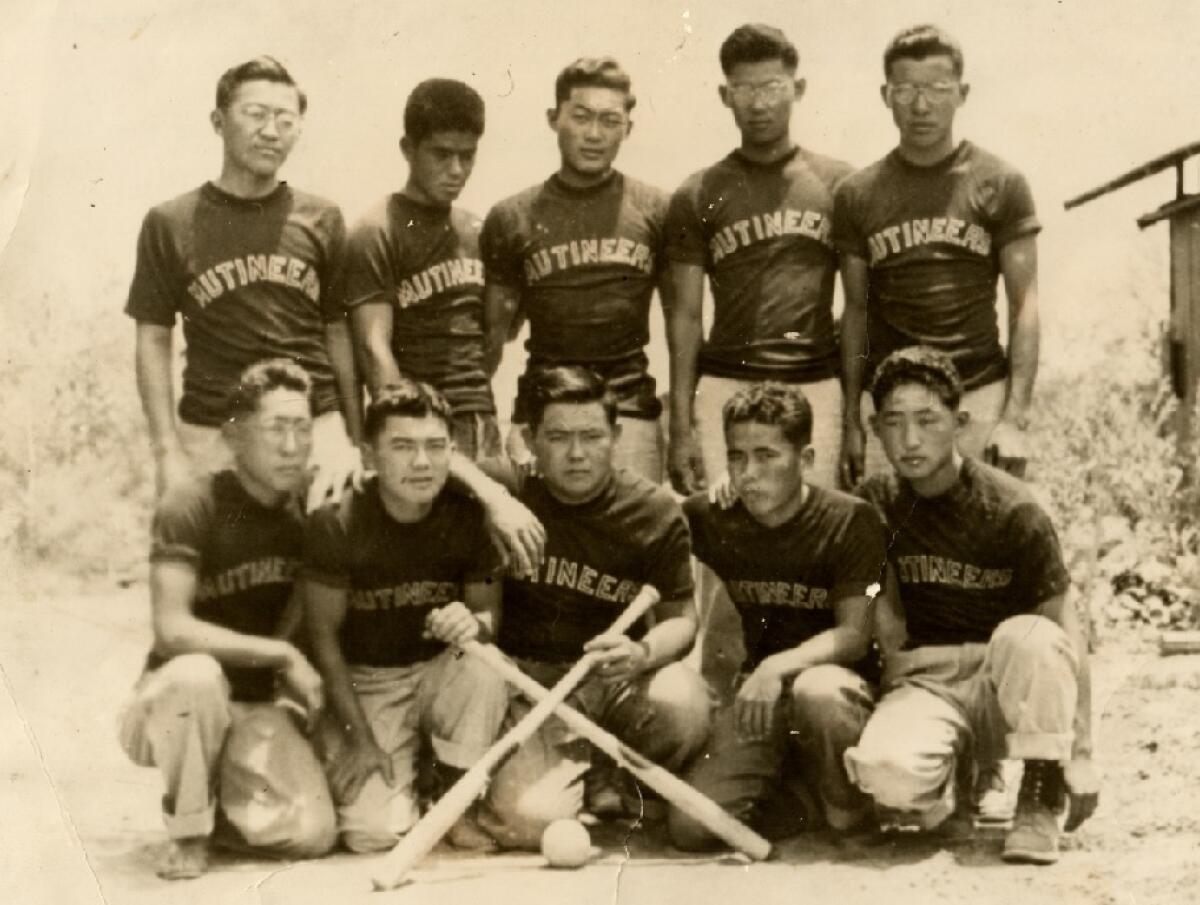 Sando Shinmoto (top left) was on Poston internment camp’s recreational baseball team in 1943.