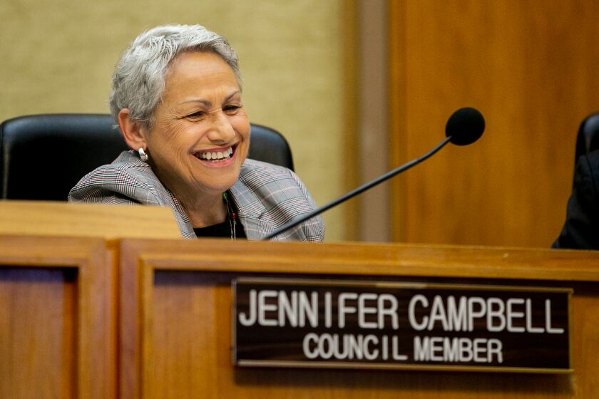 San Diego City Councilmember Jennifer Campbell appears at a meeting on August 6, 2019 in San Diego, California.