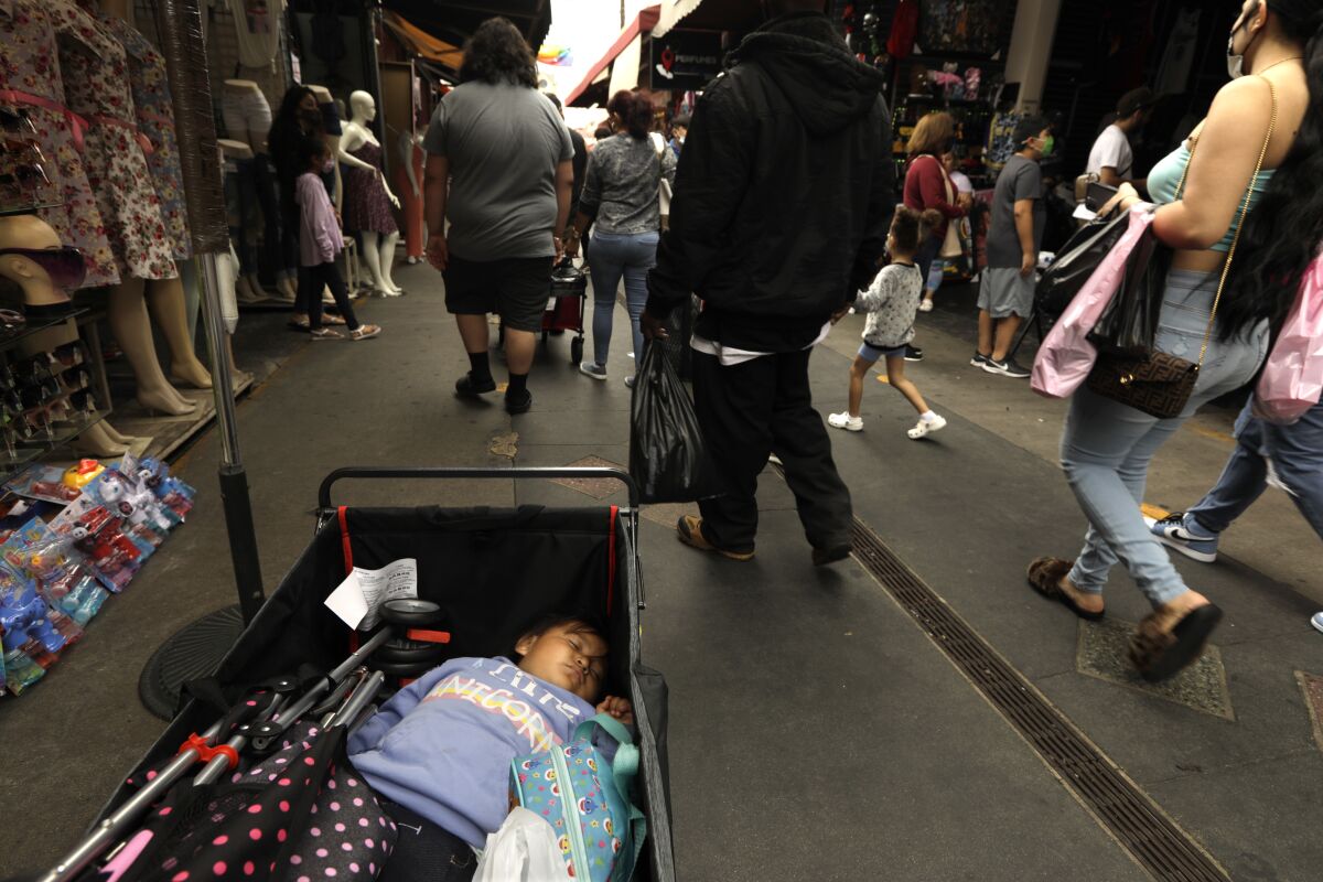 Malia Soto sleeps in a wagon while her parents shop at Santee Alley in downtown L.A.