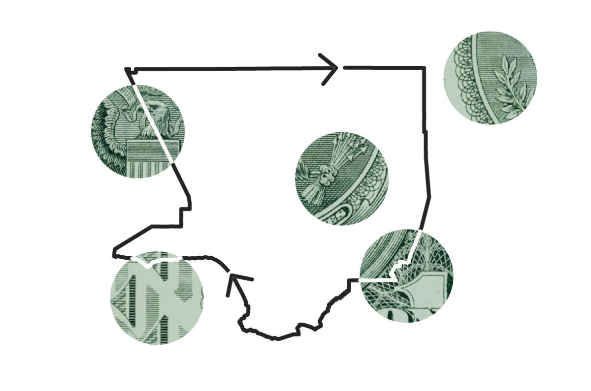 An outline of Los Angeles county surrounded by abstract circular cutouts of a dollar bill.