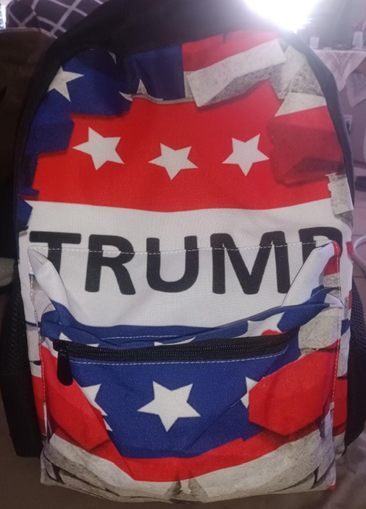 A Trump-themed red, white and blue backpack.