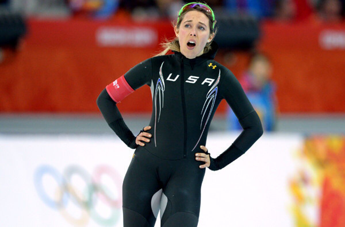 American speedskater Anna Ringsred catches her breath after competing in the 3,000 meters on Sunday at Adler Arena.