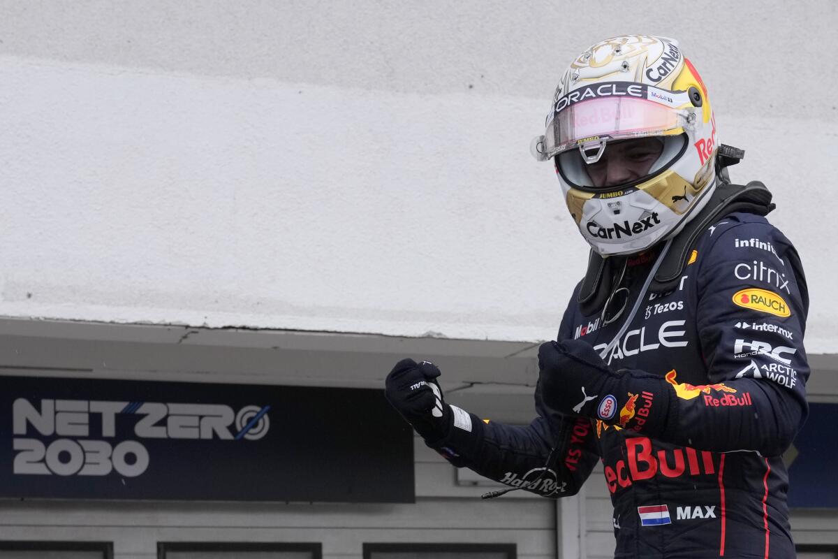 Max Verstappen pumps his fists after winning the Hungarian Formula One Grand Prix.