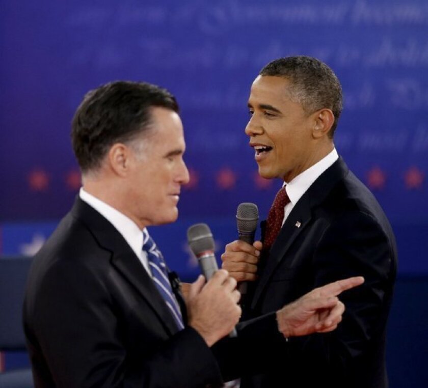 Mitt Romney and President Barack Obama at the Oct. 18 presidential debate. Americans for the Arts has issued a checklist highlighting their stands on arts funding issues.