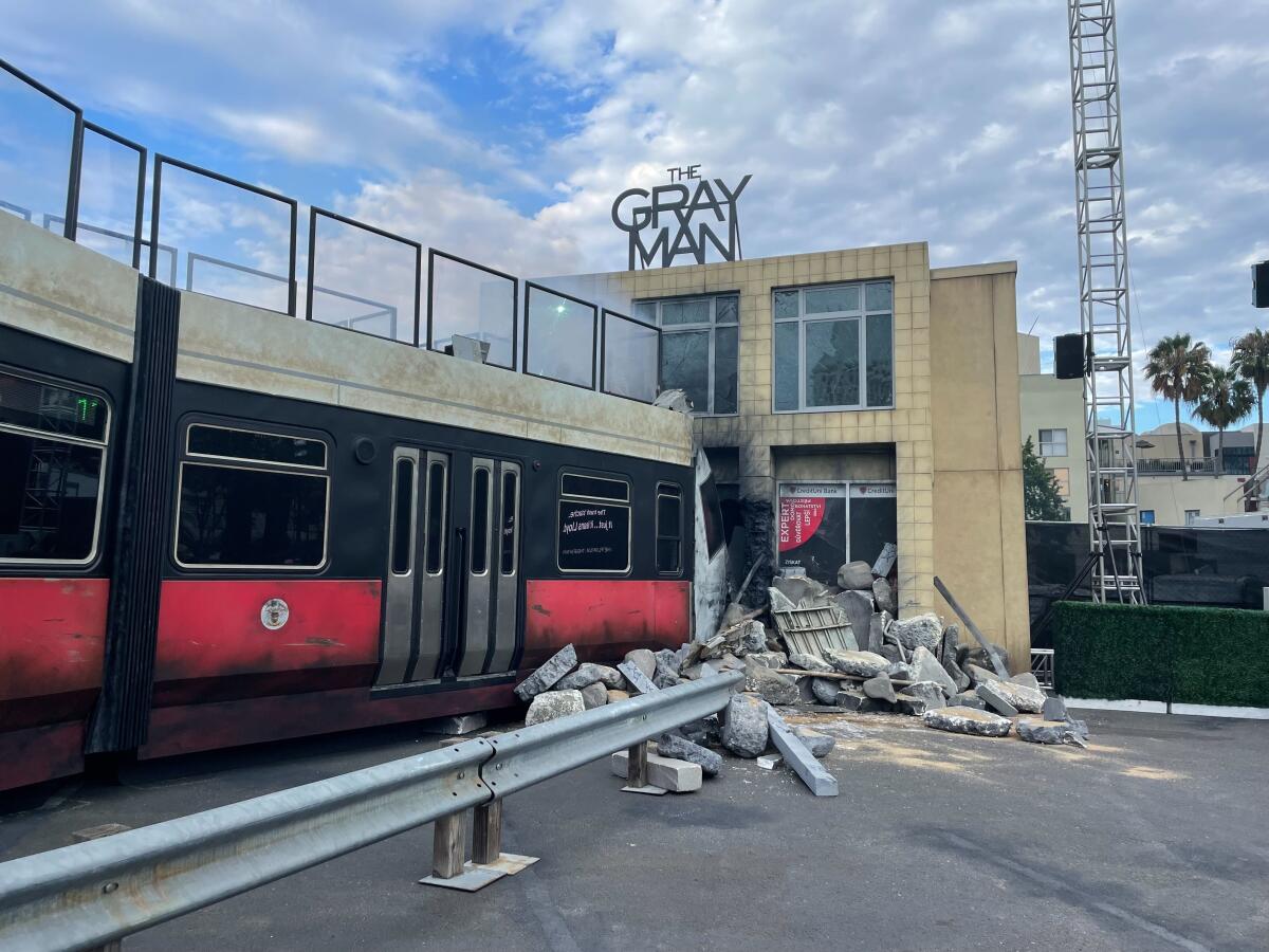 Crashed tram car into a building for Comic-Con set.
