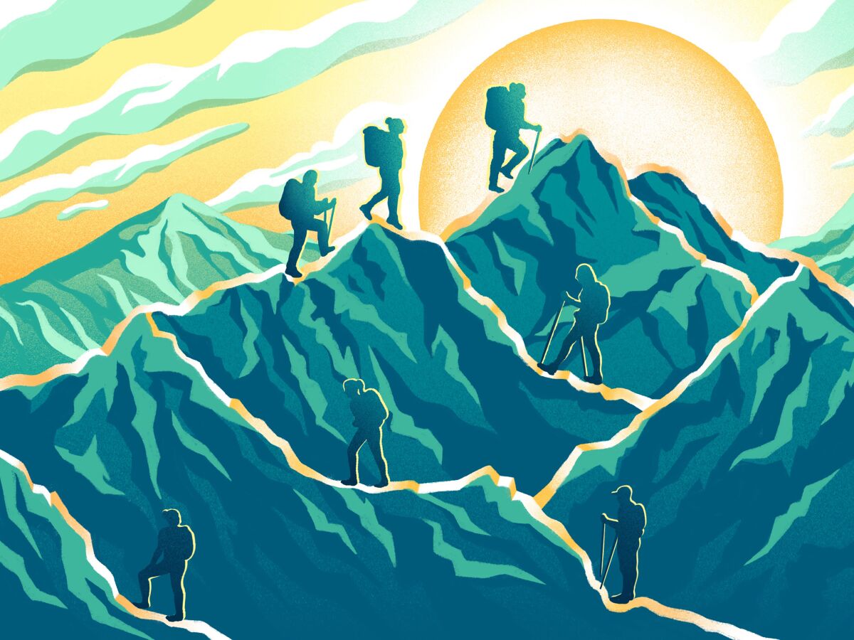 An illustration shows travelers hiking up a mountain.
